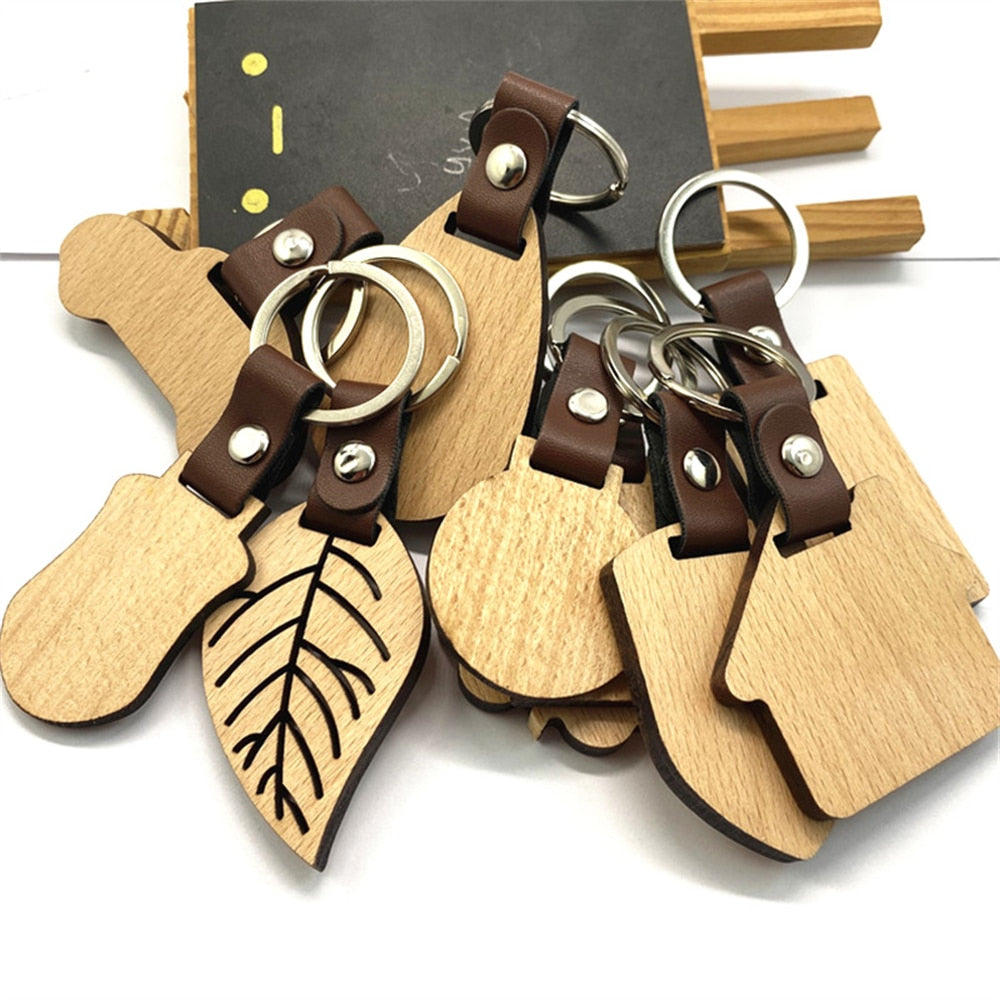 10 Styles Wooden Keychain Geometric House Car Shape Leather Wood Keyring Bag