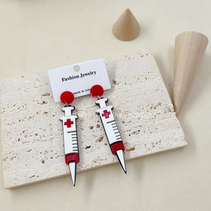 Syringe Design Acrylic Drop Earrings Female Travel Cartoon Earrings Creative Art