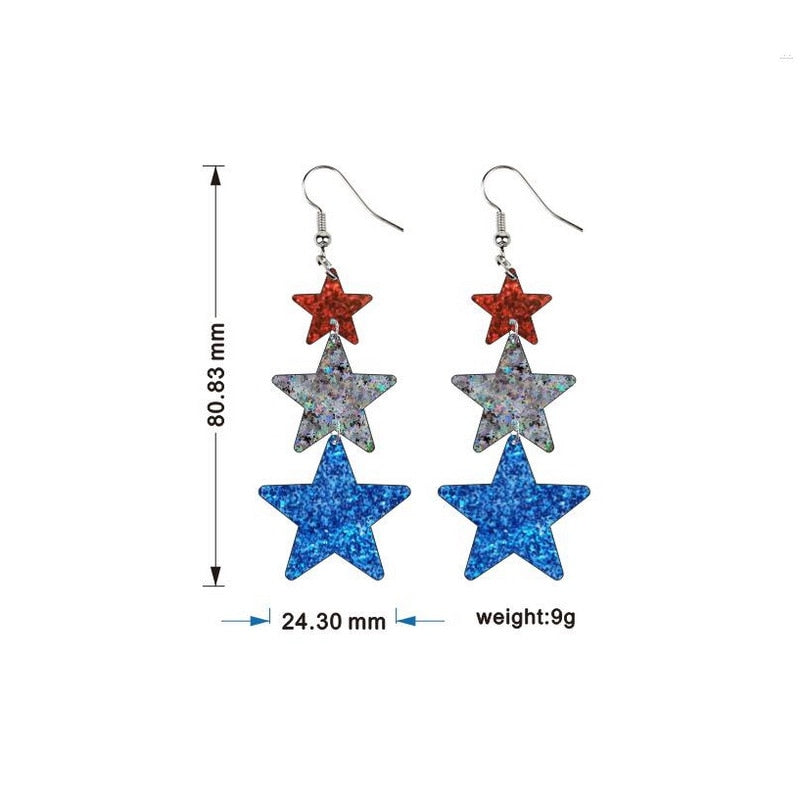 Glitter Red Blue Stars American Independent Day Dangle Earrings for Girls Women