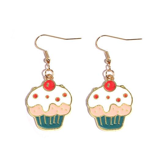 Cupcake and Cherry Drop Earrings Women Art Fashion Cartoon Earrings Creative