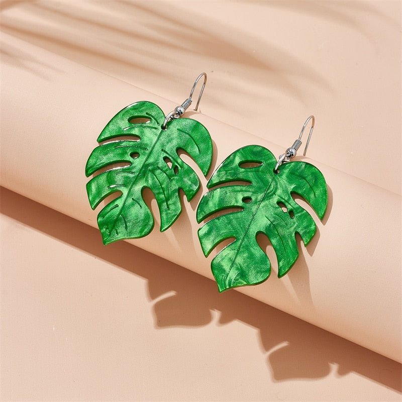 Green Tropical Leaf Dangle Earrings Women Travel Fashion Cartoon Earrings