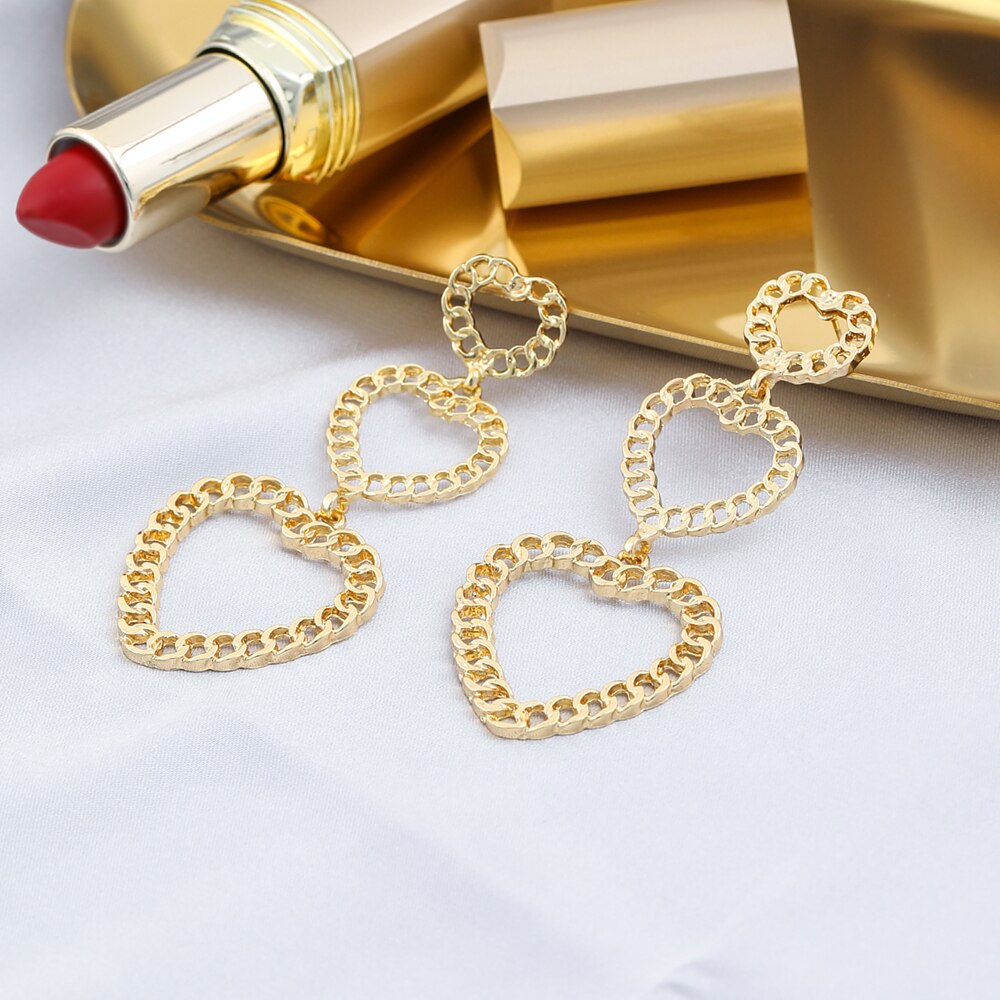 Chain Design Heart Drop Earrings Women Girl Fashion Trendy Jewelry Accessories