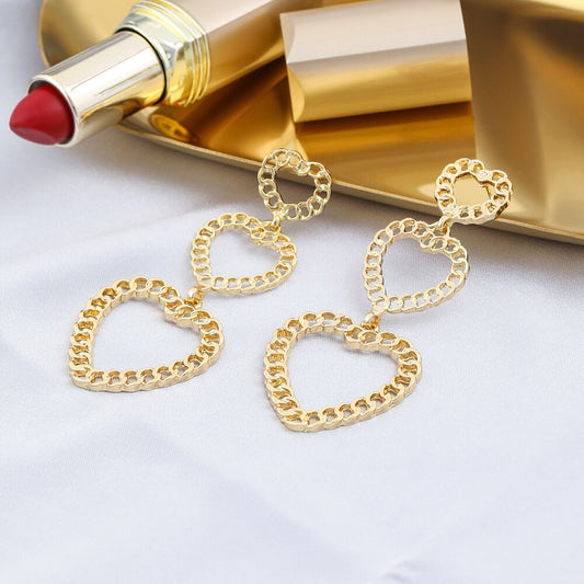 Chain Design Heart Drop Earrings Women Girl Fashion Trendy Jewelry Accessories