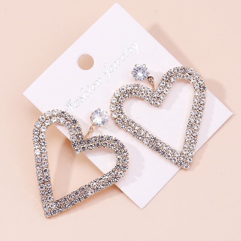 Large Heart Rhinestone Design Drop Dangle Earrings Trendy Women Fashion Earrings