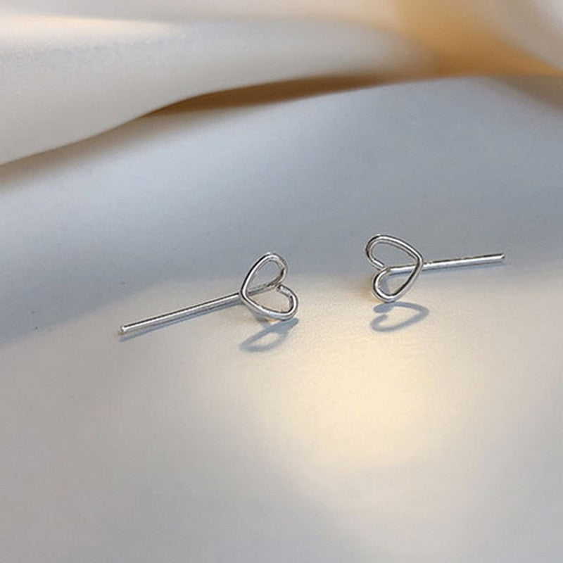 Silver-colored Hollow Heart Minimalist Cute Stud Earrings Women Mini Ear