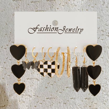 5 Pairs Black Hearts Hoop Drop Charm Earrings For Women Girl Fashion Modern
