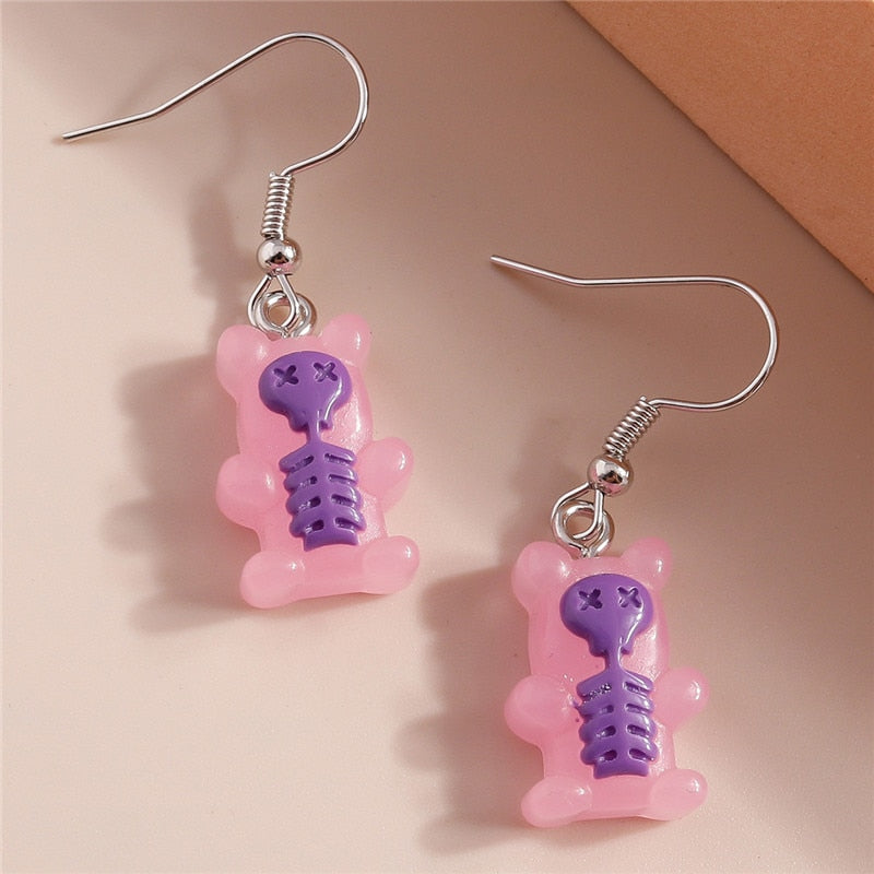 Pink Purple Skeleton Bear Drop Earrings Women Creativity Jewelry Cute Earring