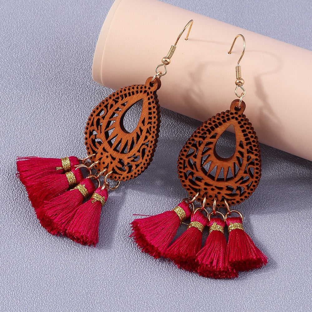 Wooden Red Tassels Dangle Drop Earrings Women Charms Earring Fashion Creative