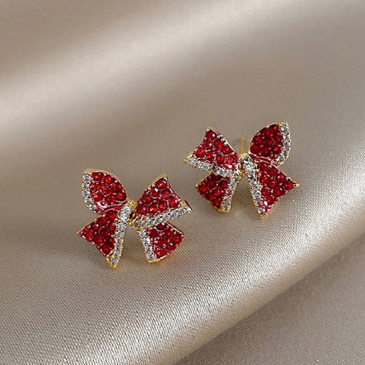 Red Rhinestone Bow Christmas Exquisite Stud Earrings Women Festival Jewelry