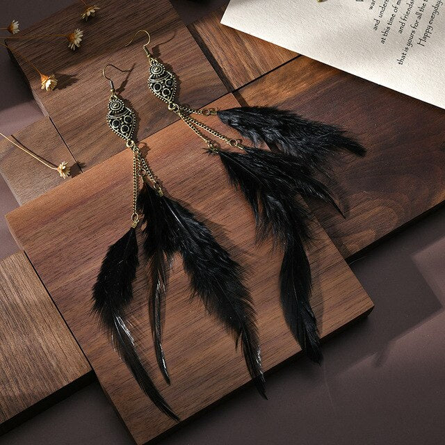 Long Black Feathers Dangle Earrings for Fashion Stylish Jewelry Drop Earrings