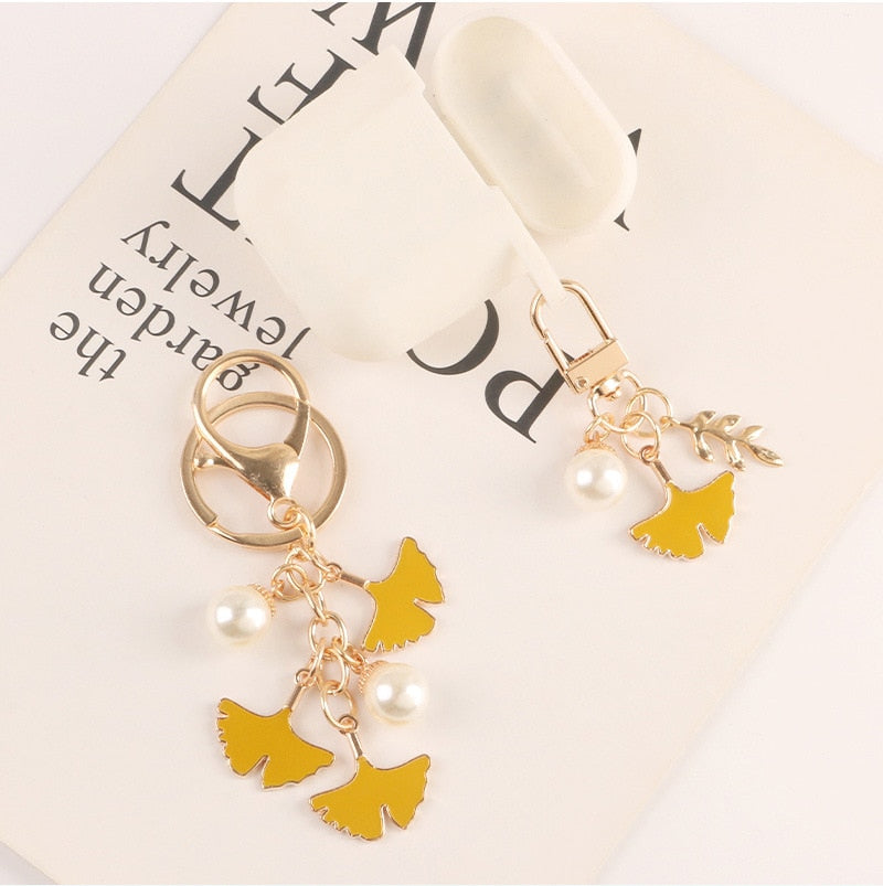 1pcs Pearl Leaf Alloy Keychain For Women Car Key Holder Apricot Leaf Pendant