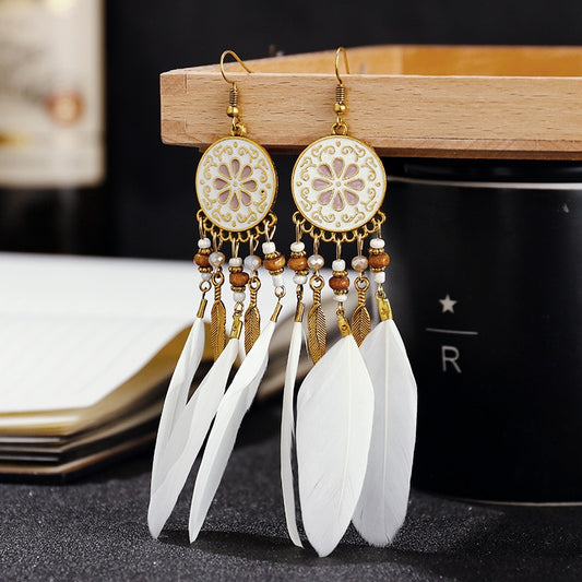 White Feather Pendants Boho Dangle Earrings for Fashion Stylish Jewelry Drop