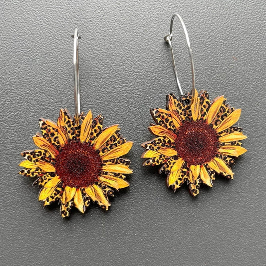 Wooden Leopard Pattern Sunflower Dangle Earrings for Girls Women Birthday Gift