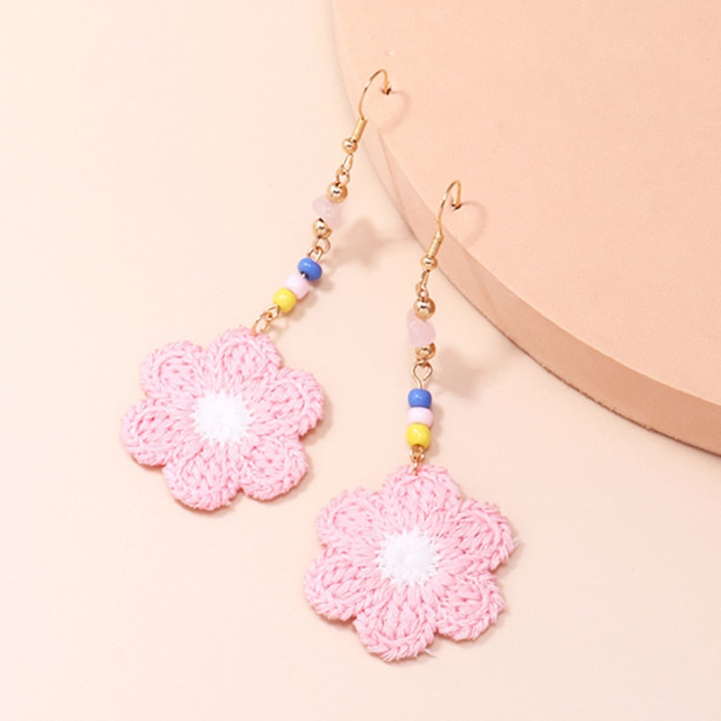 White Pink Knitted Flower Dangle Drop Earrings Women Charms Earring Fashion