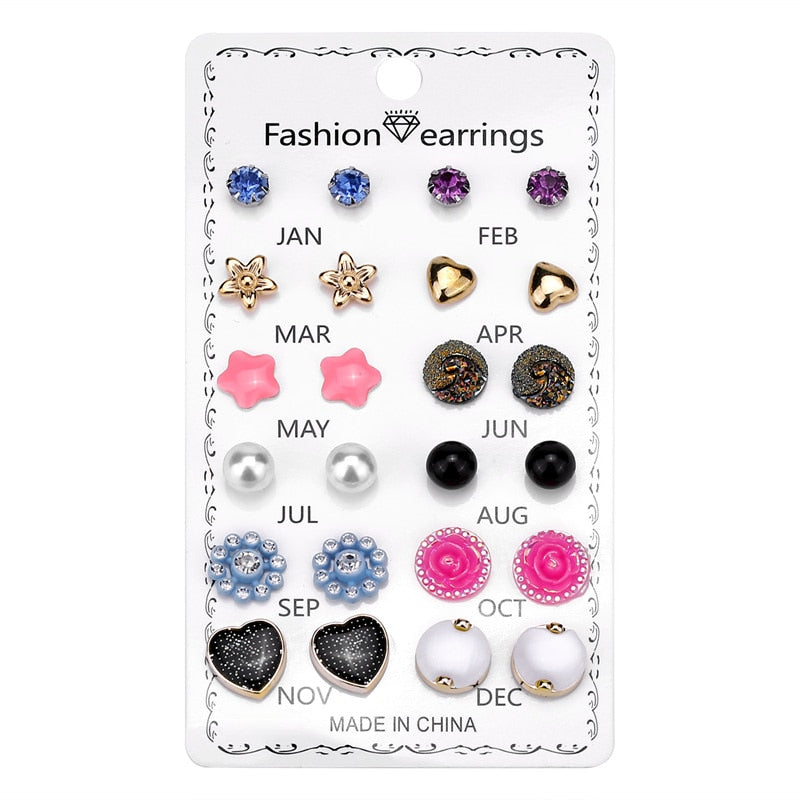 21 Styles 12-20 Pairs Set Butterfly Star Heart Rose Flower Stud Earrings Women