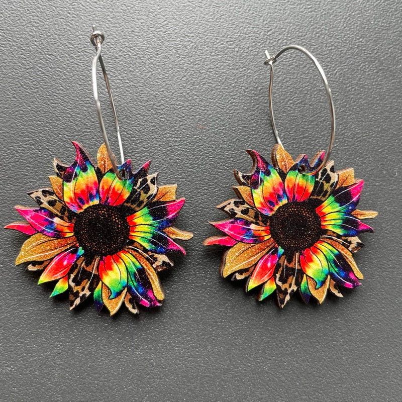 Wooden Tie Dye Flower Dangle Earrings for Girls Women Birthday Gift Lovely