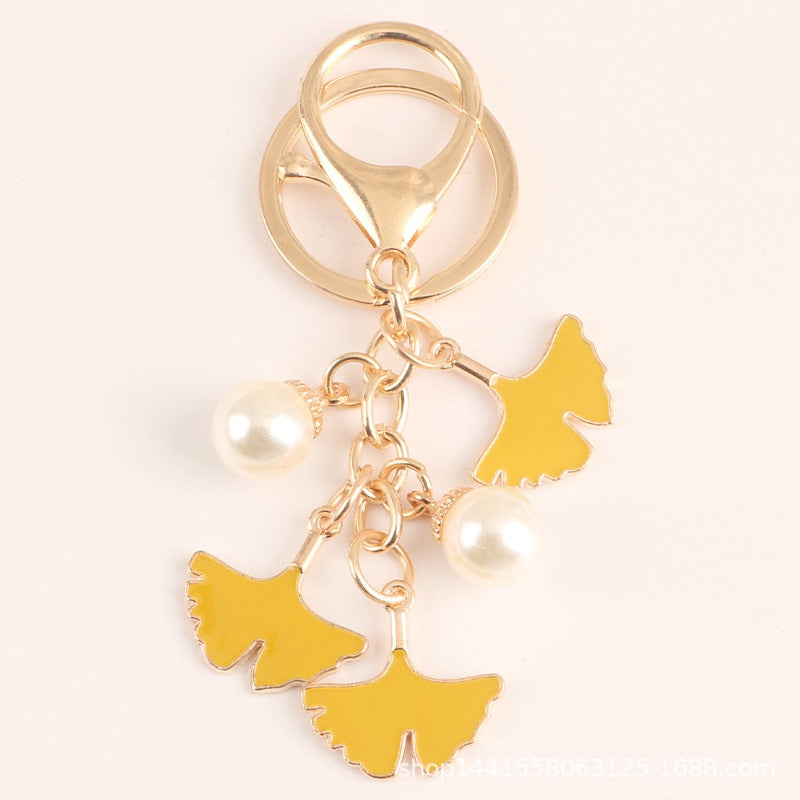 1pcs Pearl Leaf Alloy Keychain For Women Car Key Holder Apricot Leaf Pendant