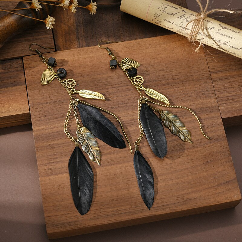 Black and Metal Feathers Dangle Earrings for Fashion Stylish Jewelry Drop