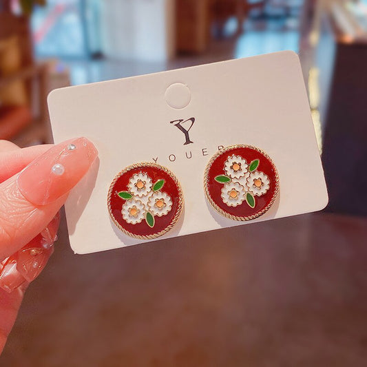 Red Round Art Geometric Stud Earrings Woman Exquisite Earring Accessories