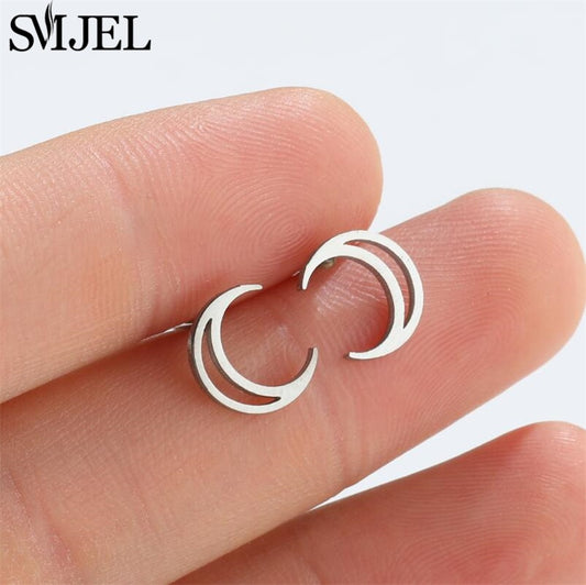 Silver-colored Moon Stainless Steel Earrings Women Jewelry Small Studs Gifts