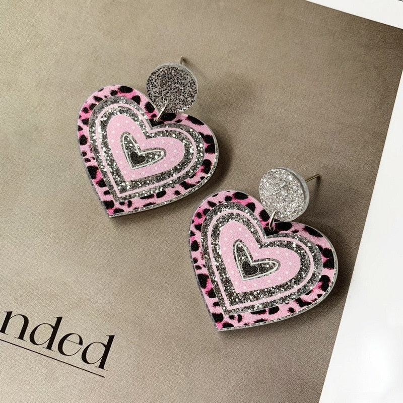 Pink heart Leopard Pattern Drop Earrings Female Travel Cartoon Earrings Creative