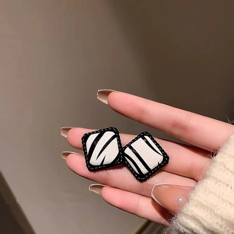 Zebra Pattern Square Geometric Studs Earrings Retro Woman Ear Accessories