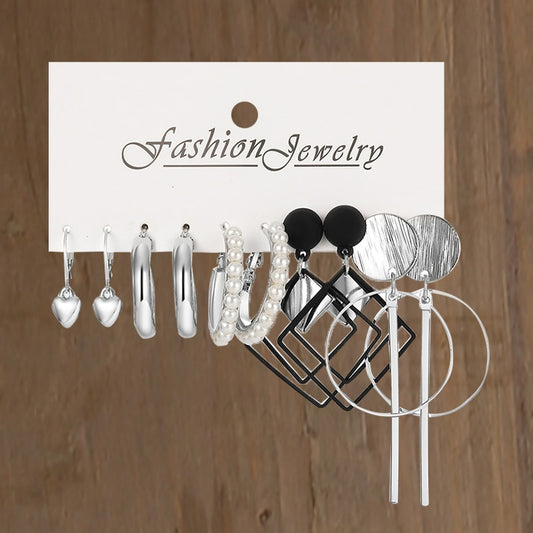 5pairs Silvery Geometric Drop Hoop Earrings Trendy Jewelry Creative Style