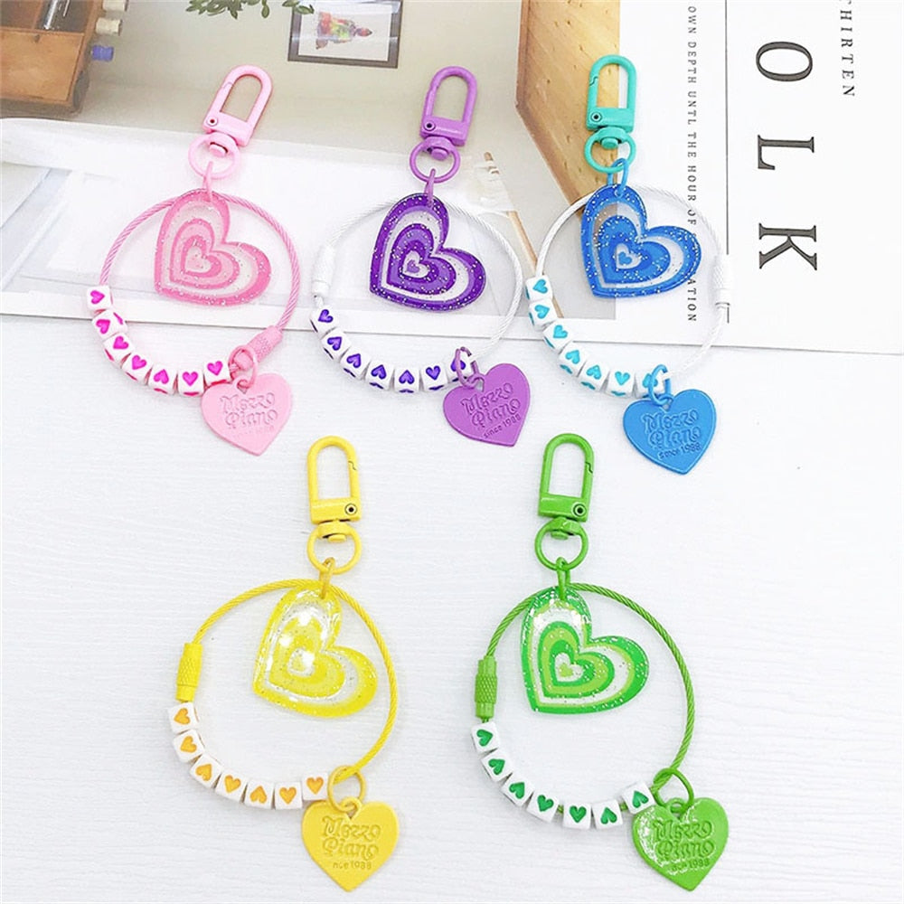 5 Colors Heart Pendant Beads Acrylic Keychains Cute Love Keyrings Women Bag
