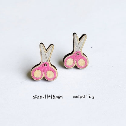 Wooden Cartoon Scissors Stud Charm Earrings For Women Girl Fashion Modern