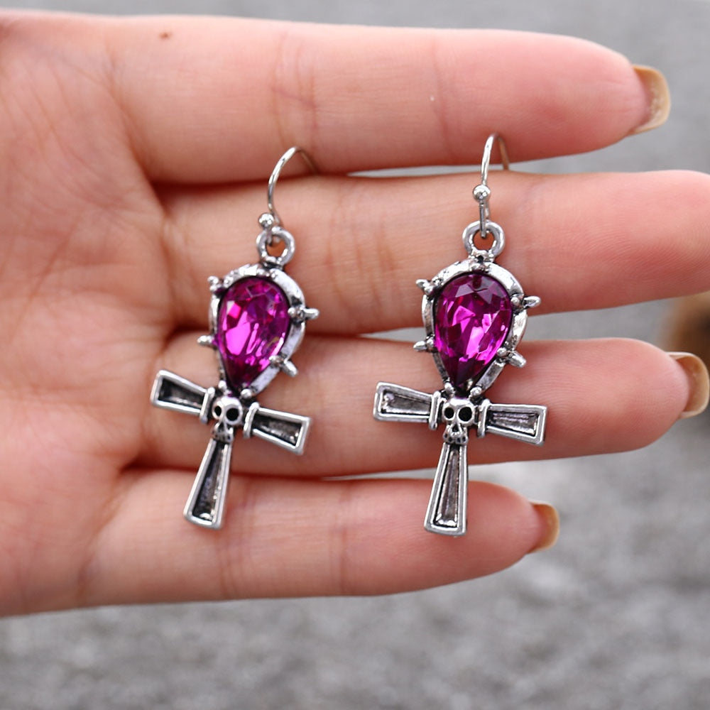 Purple Crystal Cross Vintage Dangle Earrings Fashion Party Retro Pendant