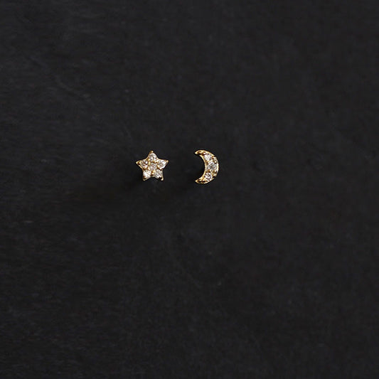 Small Moon Star Stud Earrings Cut Asymmetric Mini Earrings Ear Piercing Jewelry