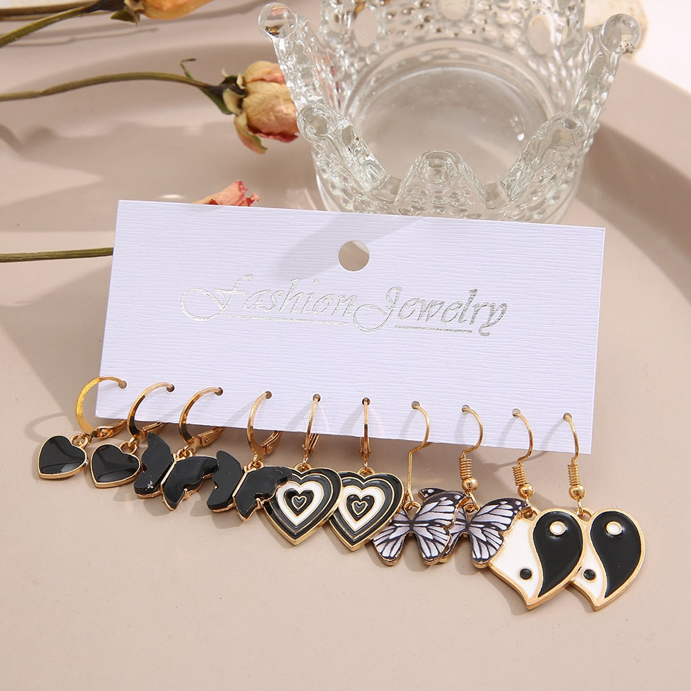 5 Pairs Black and White Heart Butterfly Drop Charm Earrings For Women Girl