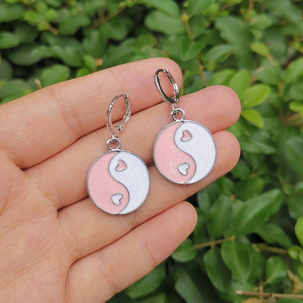 Pink Round Yin Yang Dangle Earrings Women Girl Fashion Trendy Jewelry