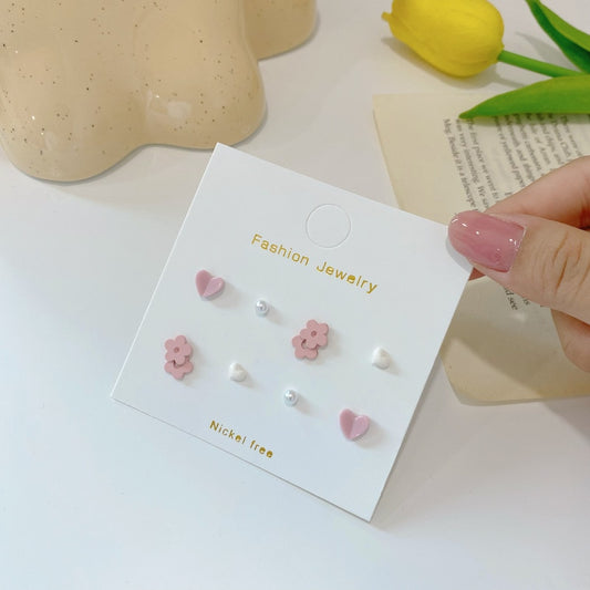 4Pairs Pink Flower Stud Earrings Women Girls Fashion Stylish Shape Earring Gift