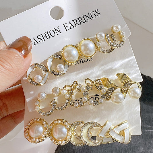 9 Styles 3Pair Lot Earrings Pearl Women Fashion Charm Jewelry Geometric Stud