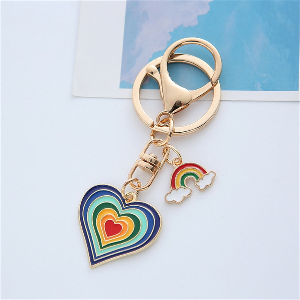 2 Styles Alloy Heart Rainbow Charms Keychain Couple Keyring Love Gift Woemn Bag