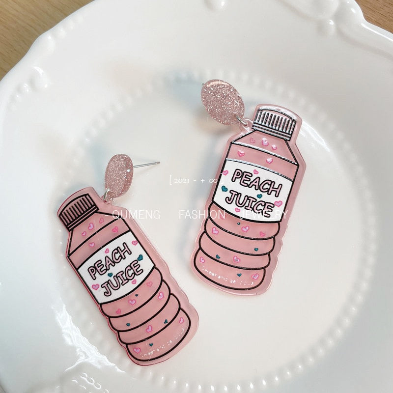 Peach Juice Acrylic Drop Earrings Women Travel Fashion Cartoon Earrings Creative