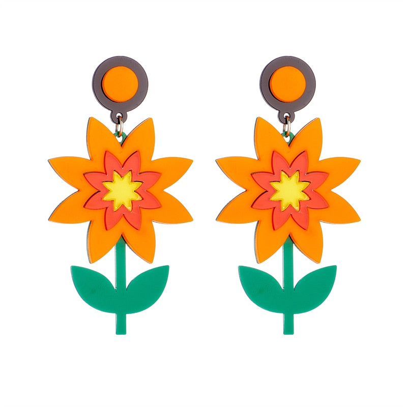 Orange Flower Drop Earrings Hip Hop Art Women Party Jewelry Ear Fashion Pendant