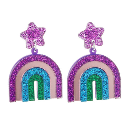 Purple Glitter Rainbow Acrylic Drop Earrings Women Travel Fashion Cartoon