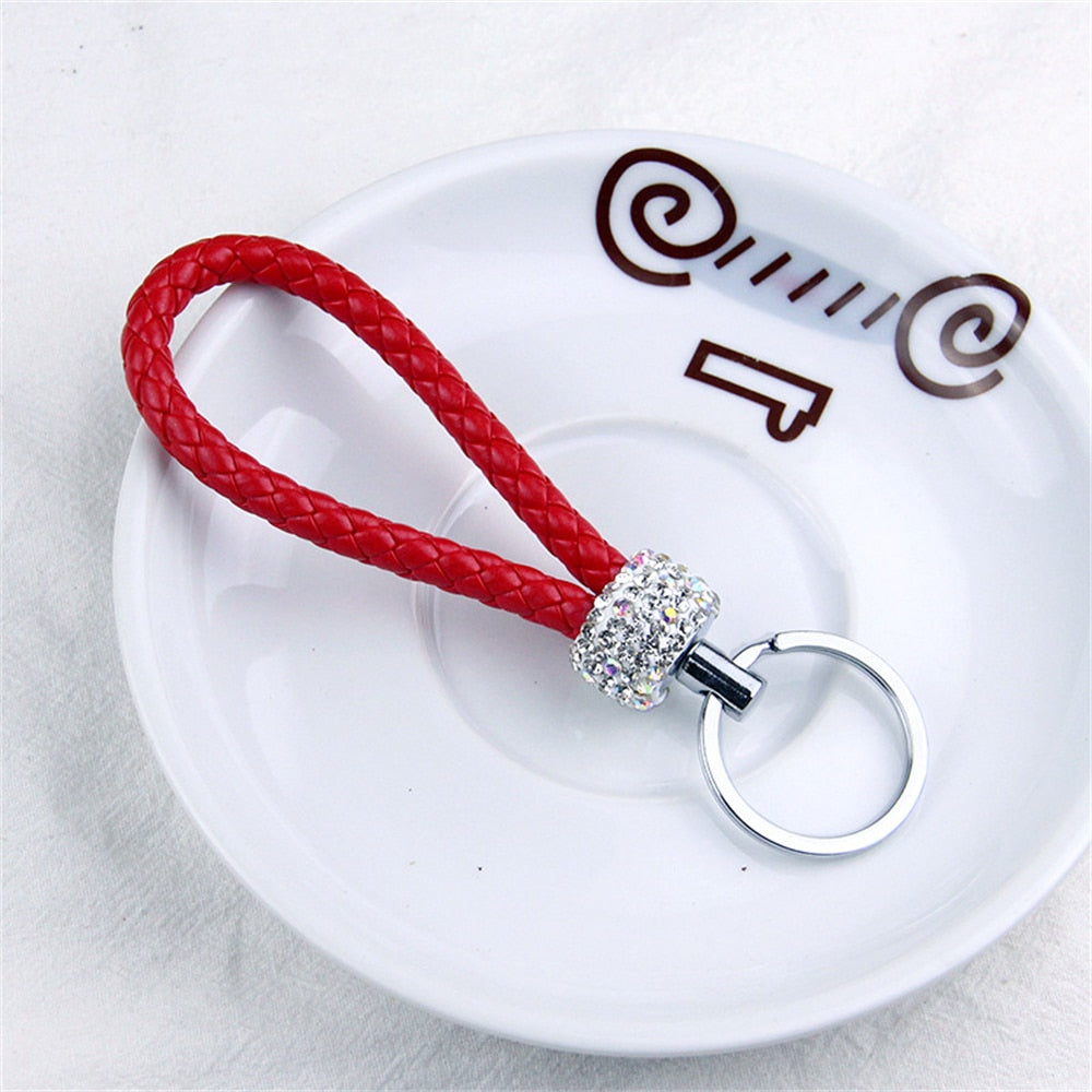 14 Styles PU Leather Braided Rope Keychain Glitter Rhinestones Key Ring For