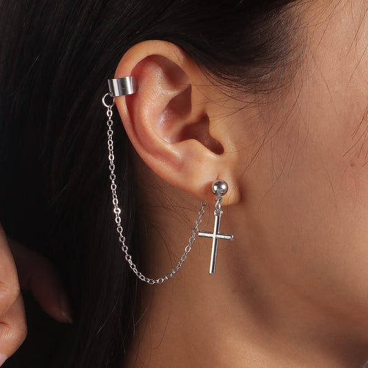 1pc Simple Cross Stud Earring with Chain Ear Cuff Trendy Women Fashion Earrings