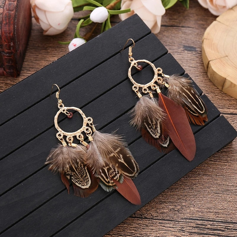 Mixed Brown Boho Ethnic Feather Dangle Earrings Fashion Party Girls Pendant