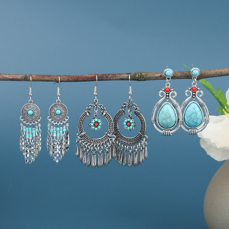 Turquoise Flower Metal Tassels Dangling Drop Earrings Female Fashion Earrings