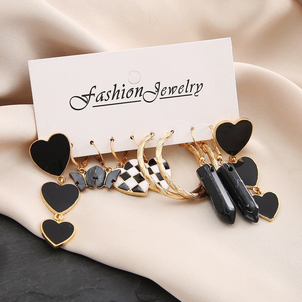 5 Pairs Black Hearts Hoop Drop Charm Earrings For Women Girl Fashion Modern