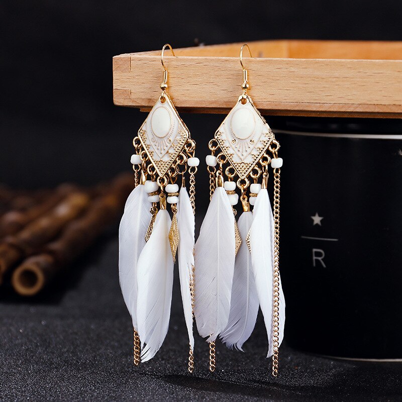 White Rhombus and Feathers Dangle Earrings for Fashion Stylish Jewelry Drop