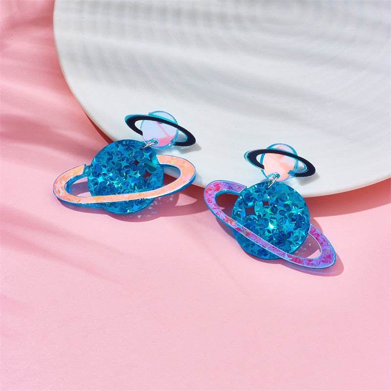 Glitter Planet Drop Earrings Female Travel Cartoon Earrings Creative Art Jewelry