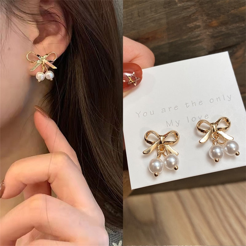 15 Styles Cute Bowknot Butterfly Pearl Stud Earrings Female Jewelry Trendy Cute