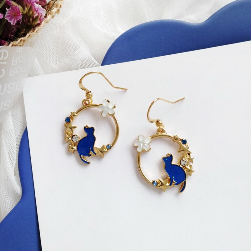 Blue Cat Flower Drop Earrings Women Party Wedding Jewelry Creative Gifts