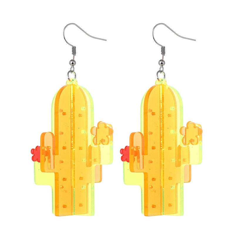 Yellow Cactus Acrylic Drop Earrings Women Travel Fashion Cartoon Earrings