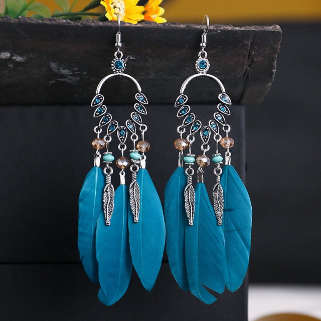 Blue Rhinestone Boho Ethnic Feather Dangle Earrings Fashion Party Girls Pendant